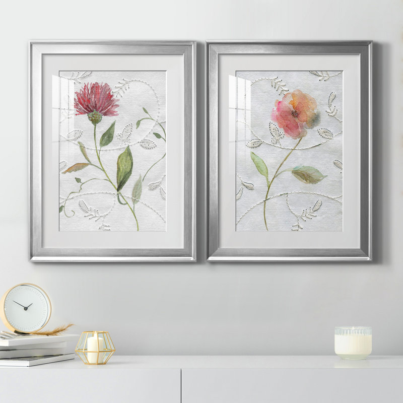 Botanical Emb broderie I - ensemble de 2 reproductions d'art, H 22,5 po x l 61 po x P 1,5 po, Papier avec cadre argenté