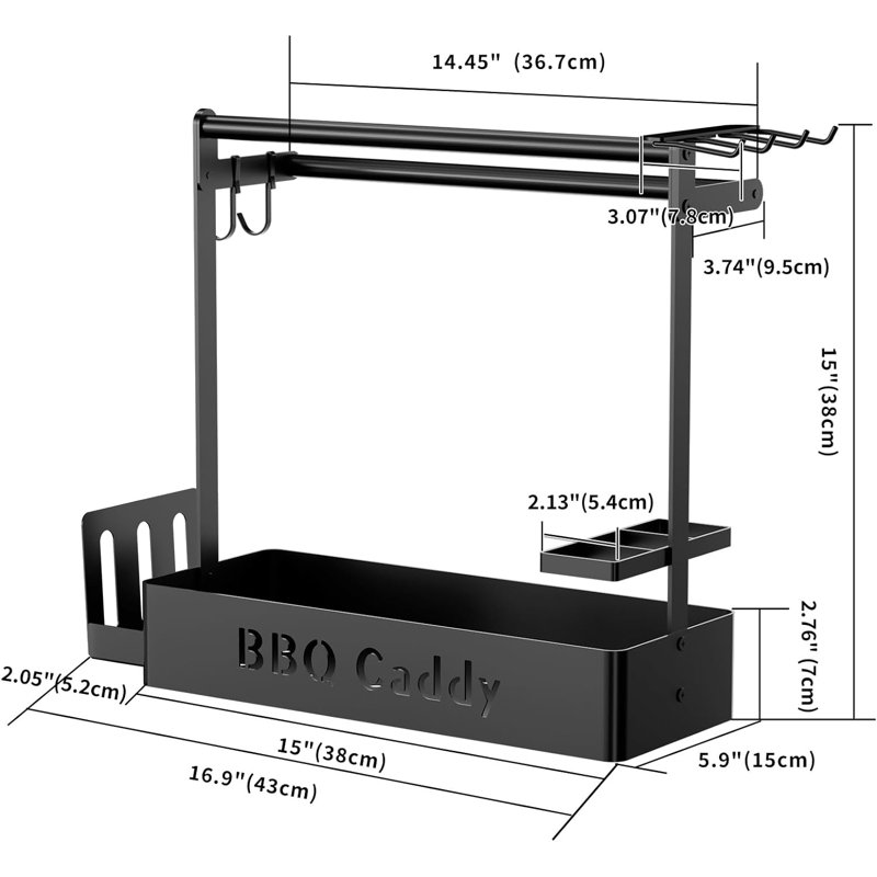 Black Metal BBQ Caddy with Paper Towel Holder and Hooks