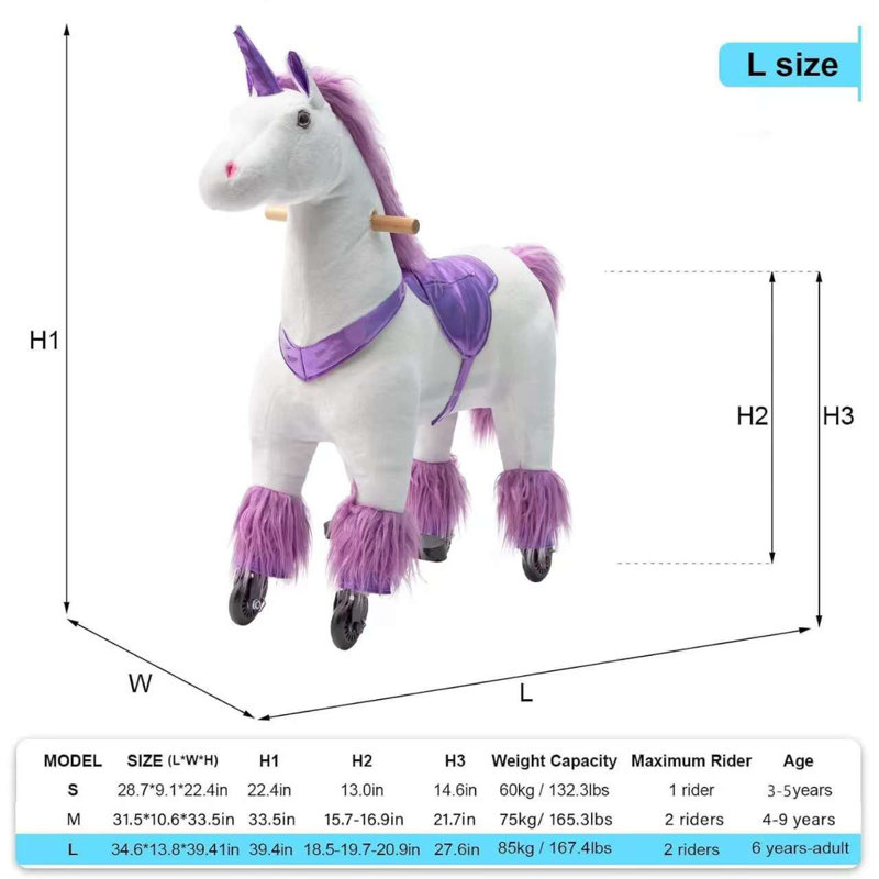 Ride On Unicorn Toy pour enfants et adultes, Ride On Unicorn, peluche mécanique, sans pile ni électricité, Mauve