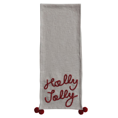 Cotton Table Runner W Pom Poms & Embroidered "Holly Jolly"