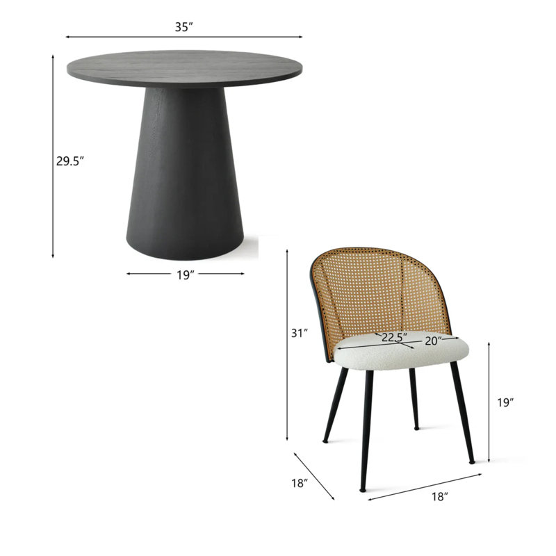 Ensemble 5 pièces de table de salle à manger ronde en bois et quatre chaises d'appoint en rotin chêne / blanc, Noir