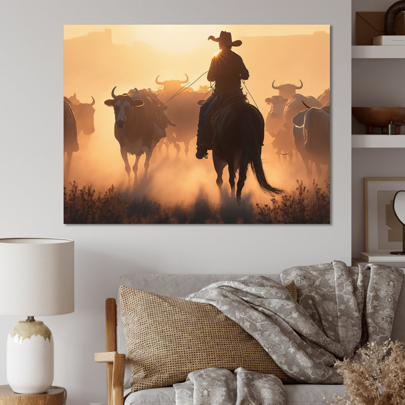 Kirts " Wrangler In Sunset I ", 24" H x 32" W x 1" D, Wrapped Canvas