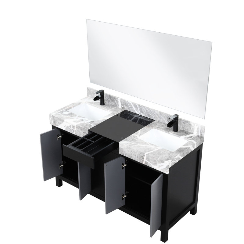 Meuble-lavabo double noir et gris, 55 po L 22 po x P 22 po, plateau en marbre, robinet inclus, miroir 53 po, base en bois large, comptoir Scratch mat