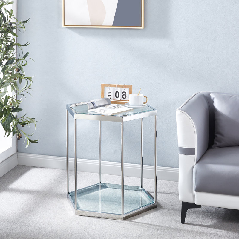 Table de bout en verre à 2 niveaux avec acier inoxydable argenté et capacité de rangement supplémentaire, fonctionnalité, espace, durabilité - plus d'articles de mobilier, facile à nettoyer rapidement, installation facile