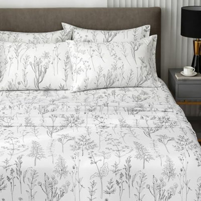 6 Piece King Size Sheets Set, Floral Sheets White and Black Patterned Sheets Deep Pocket up to 18 inches