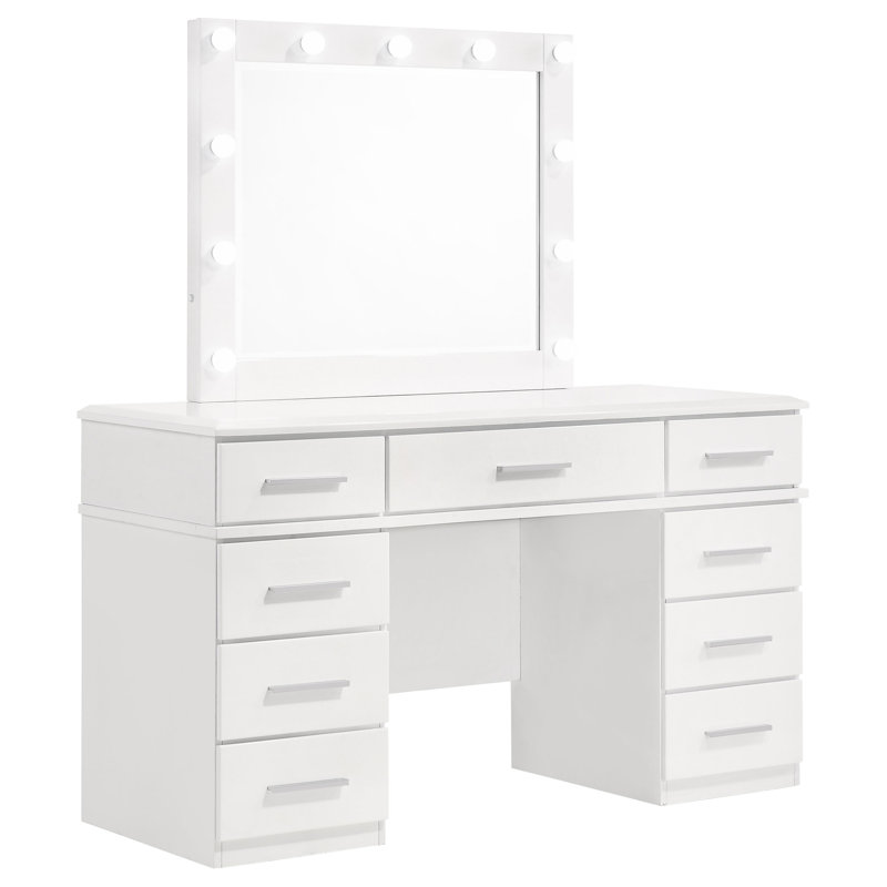Glossy White 9-Drawer Vanity Desk