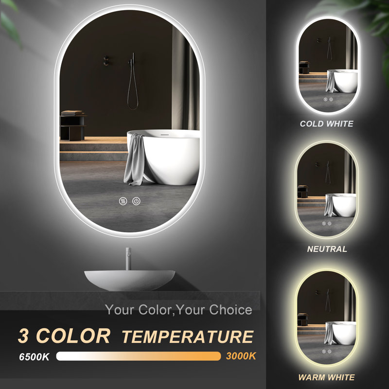 Wall Mounted LED Mirror Frameless Bathroom Vanity Oval Lighted Mirror with Anti-fog&Dimmable Lights, 32" x 20"