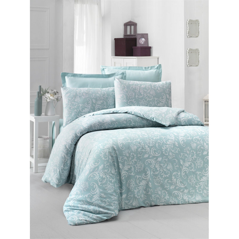 Ensemble de housse de couette luxueuse en satin luxueux, menthe et blanc, 102,4 x 86,6 pouces | 100% satin de coton, contexture de 210 fils | Comprend 2 taies d'oreiller (23,6 po x 23,6 po) | Lavable à la machine, conception élégante pour les chambres à coucher modernes
