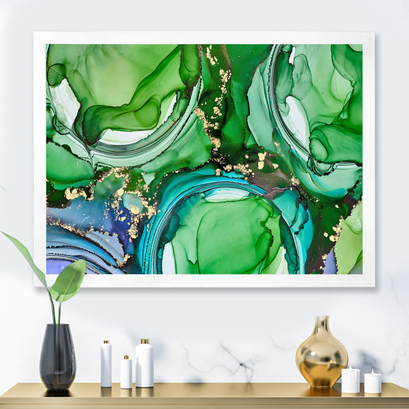 «Green Luxury Abstract Fluid Art», peinture sur toile, H 24 po x l 32 po, Cadre de coin blanc fermé