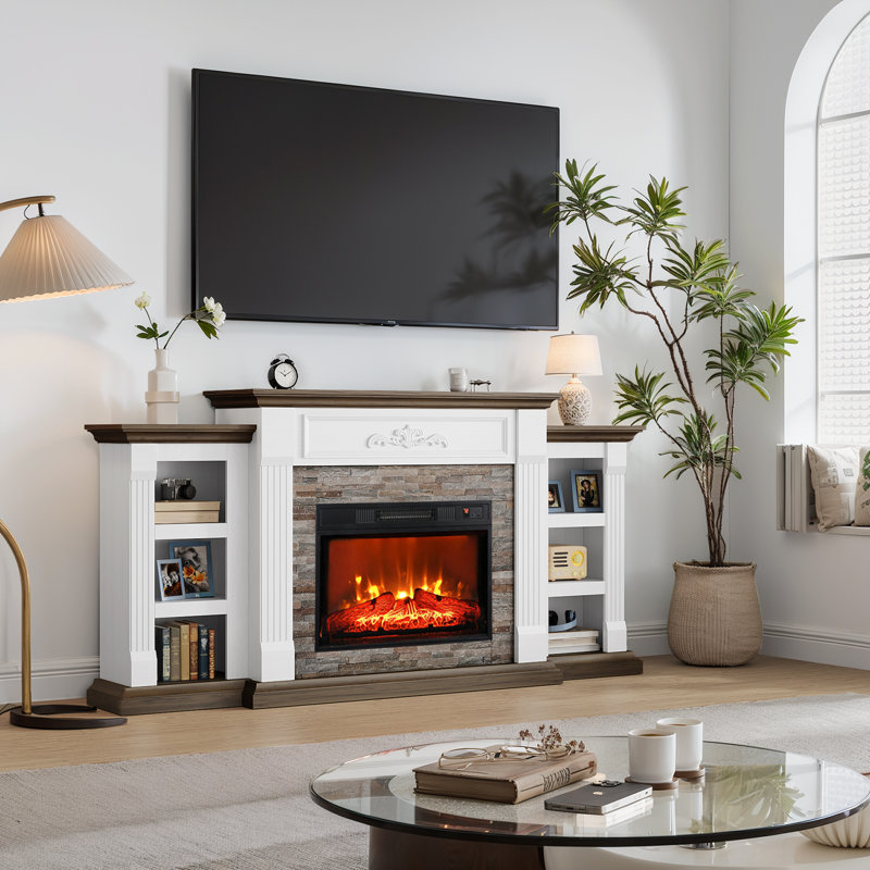 72" Electric Fireplace With Mantel, Fireplace Tv Stand For Tvs Up To 80 Inch, Entertainment Center With Storage, Realistic Stacked Stone Surround For Living Room