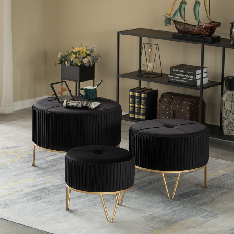 Black Velvet Round Ottoman with Gold Hairpin Base