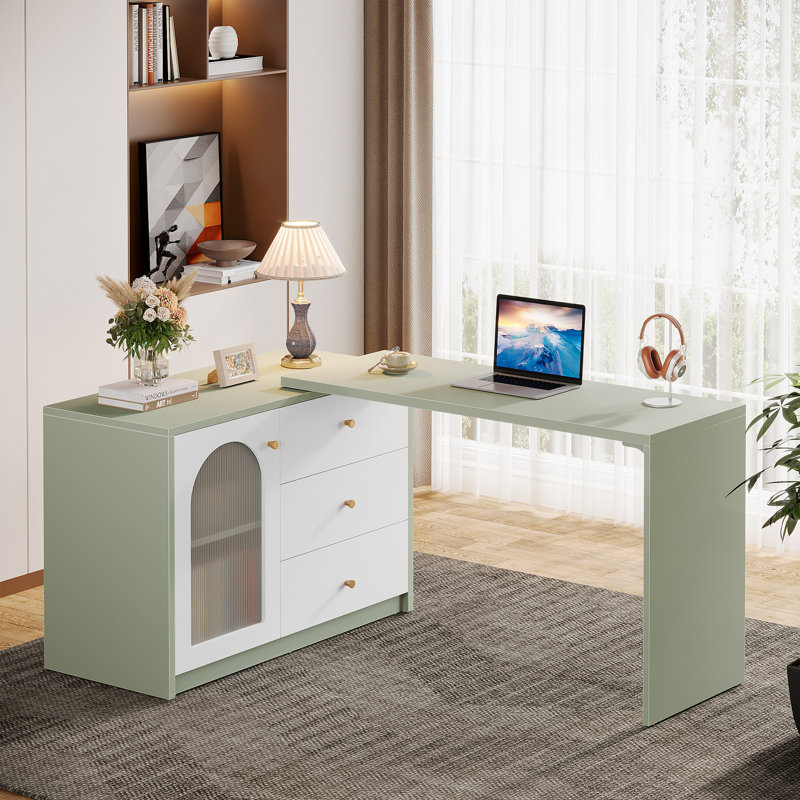  Bureau d'ordinateur en L avec bureau à tiroirs Rebacca, Vert clair