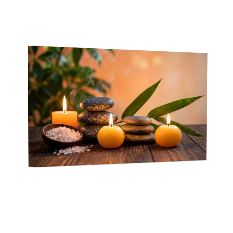Bougies à la mode, pierres, feuilles, bol de sel et bambou, H 12 po x l 18 po