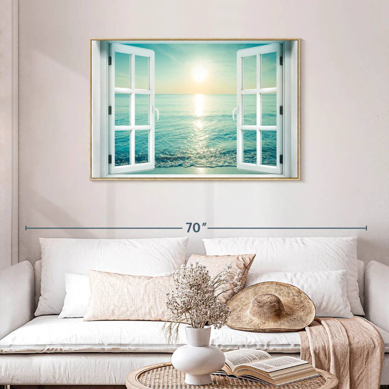 Fenêtre sur le paysage marin, Cadre flottant en bois naturel, 43 po x 29 po