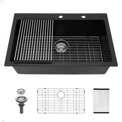 Évier de cuisine en quartz - Évier de cuisine encastré en granite noir 33 x 22 po