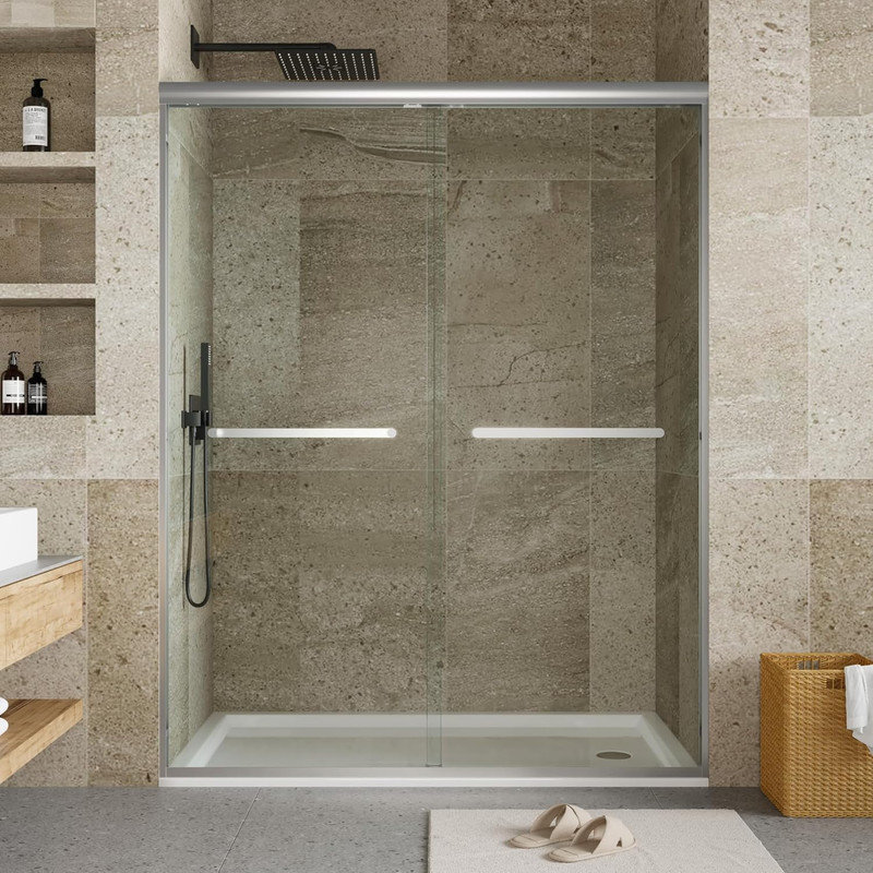 72" Frameless Sliding Shower Door 56-60" W, 6mm Tempered Glass with Explosion-Proof Film, Satin Nickel