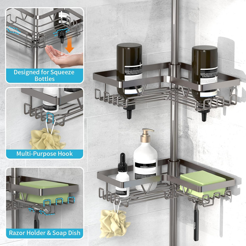  Serviteur de douche à poteau de tension réglable, organisateur de coin de salle de bain à 4 niveaux sans installation de perçage, support de rangement de salle de bain imperméable, gris
