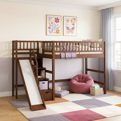 Lit mezzanine pour enfants avec escalier de rangement, glissade et lumière DEL, chambre d'enfant moderne