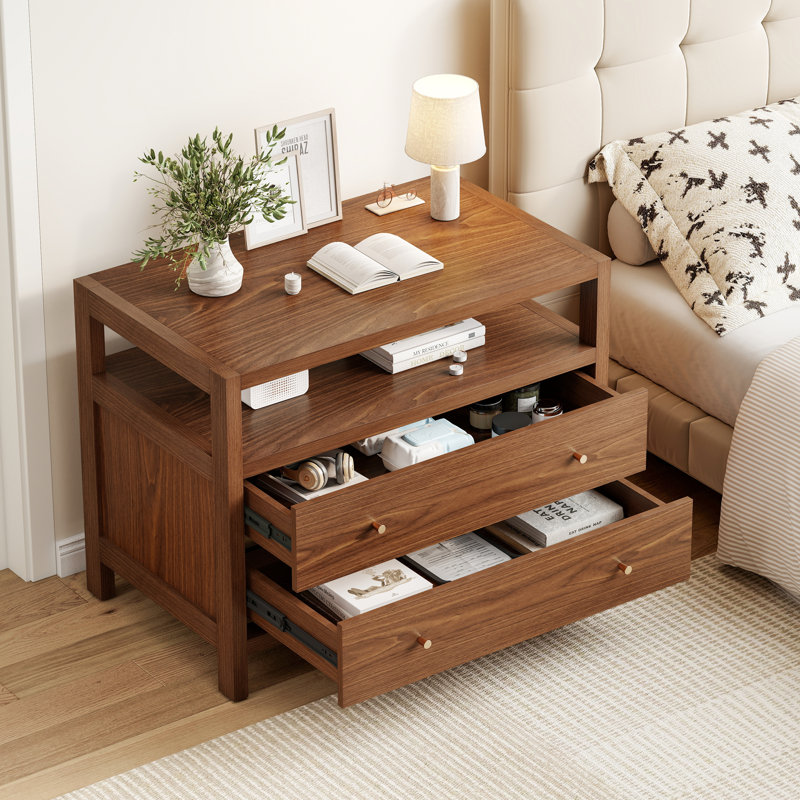 Walnut 2-Drawer Nightstand with Open Storage, 25.19"H x 32.08"W x 19.29"D, Brown