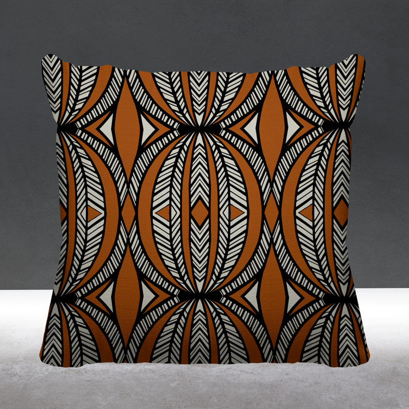 Coussin décoratif intérieur / extérieur Kiva Abstract Tribal, L 15 po x H 15 po, Orange brûlé