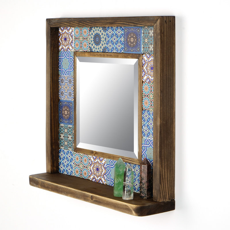 Miroir rustique abstrait avec cadre 100% bois de pin, 12,6 x 12,6 x 0,1 pouces | Travertin naturel et accents calcaires | Peinture protectrice pour bois à base d'eau | Comprend un miroir en verre et 5 crochets de suspension | Parfait pour le décor du Sud-Ouest