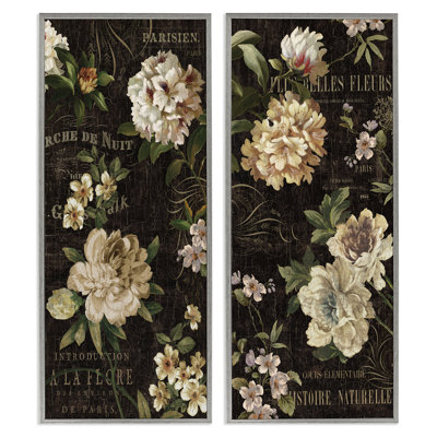 Vintage French Typography Flowers 2 Piece Grey Framed Giclee Art Set by Deborah Devellier