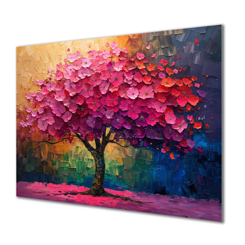 Rose et bleu vibrant cerisier de la vie I - art mural salon cerisier en fleurs, H 16 po x l 32 po x P 1 po, Métal