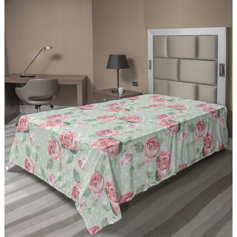 Drap plat Ambesonne, Floral rose / vert, Drap plat pour lit simple TG