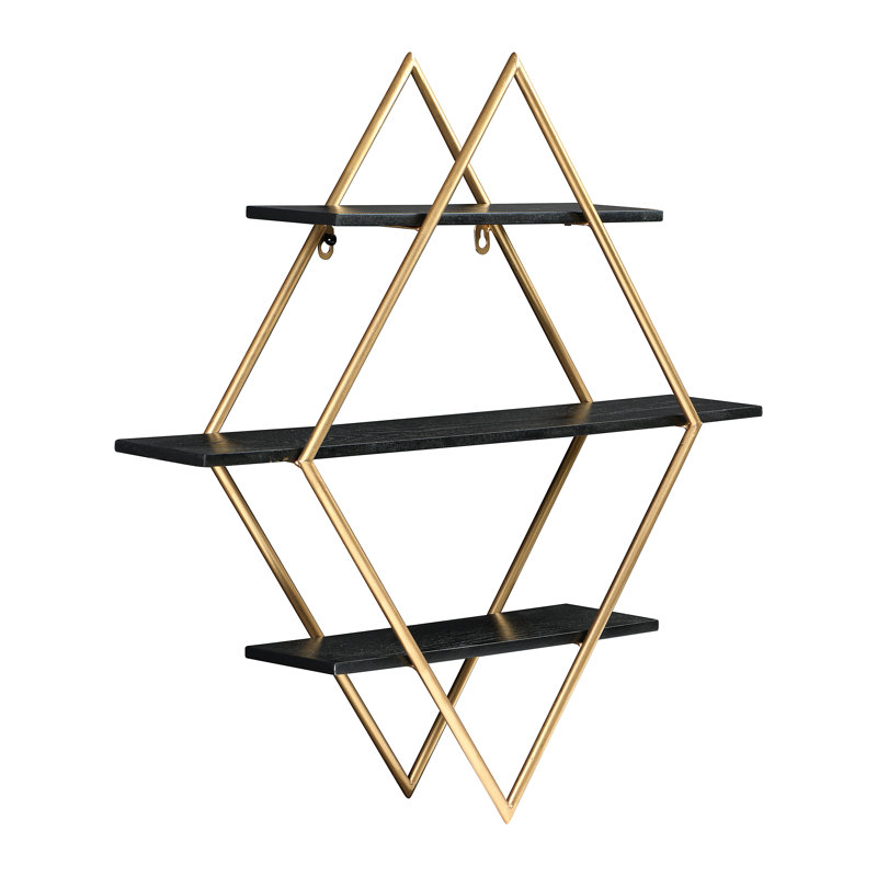 Wood and Gold Diamond Wall Shelf, Black/Gold