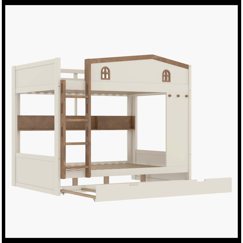 Lit superposé grand sur grand avec lit gigogne et tablettes de rangement, lits superposés en bois massif avec crochets, aucun sommier nécessaire, beige et naturel