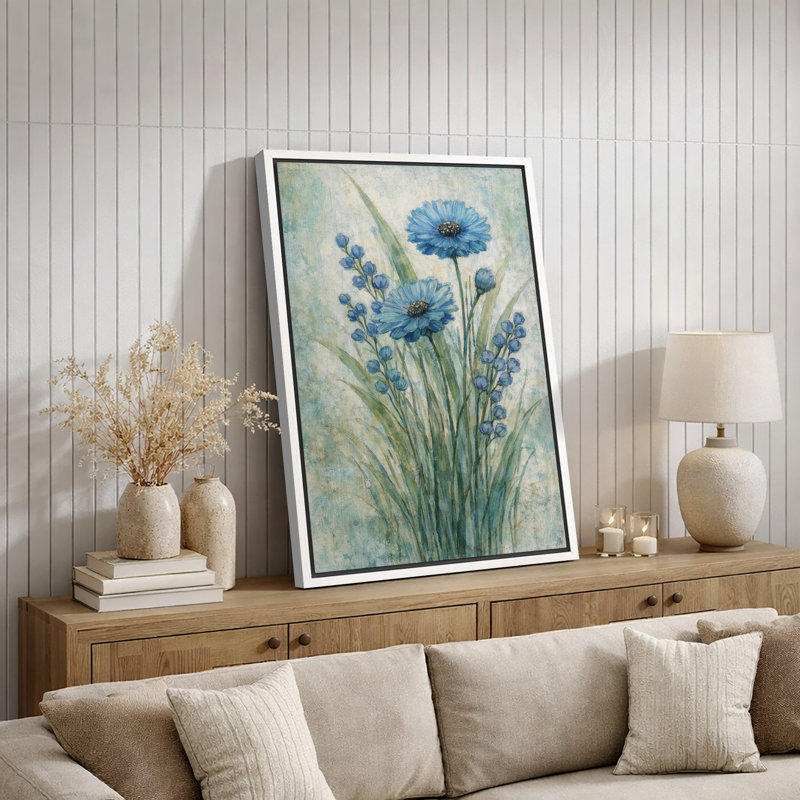 Œuvre botanique florale bleue, images de décoration murale fleur douce, impression sur toile encadrée, Cadre blanc