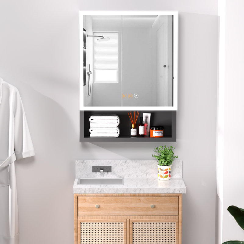 Armoire à pharmacie de surface 20 po x H 28 po avec lumière DEL et miroir, mode 3 couleurs, prise de courant et port USB, gradateur avec tablette de rangement ouverte