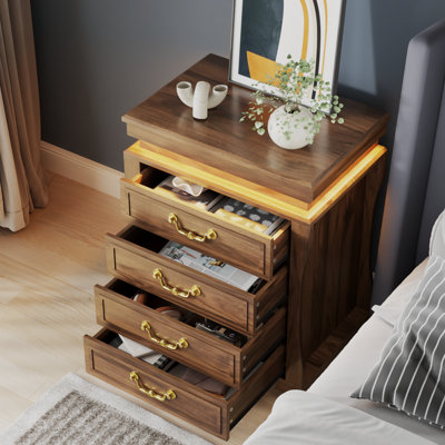 Nightstand With Hidden Compartment, Vintage Bedside Table With Charging Station & Led Lights, Night Stand With 4 Drawers, Large Modern Nightstands Wood End Table For Living Room