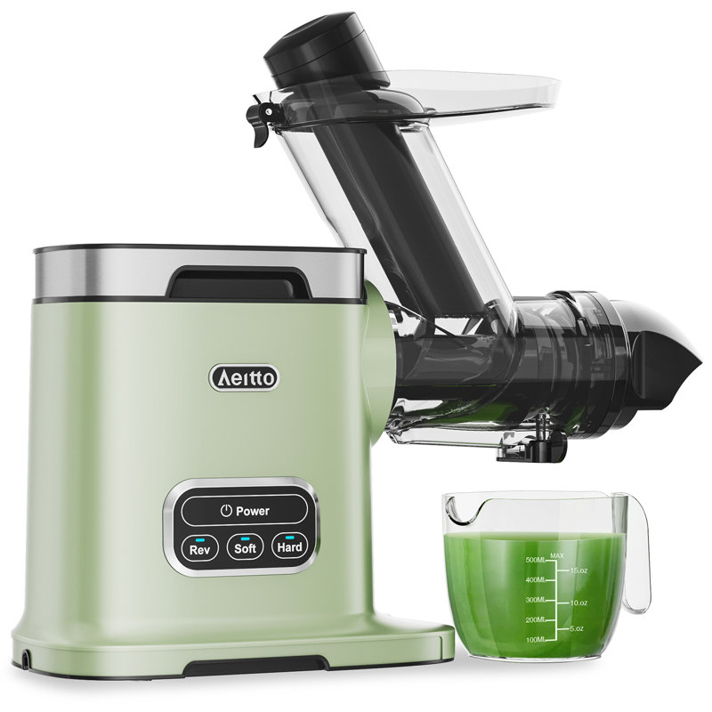 Aeitto chewable juicer with a 3.6-inch wide channel, 2-speed mode, and reverse function, equipped with an easy to clean brush for fruit and vegetable juicers