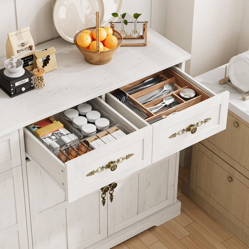 Buffet de style campagnard moderne – 4 portes et 4 tiroirs – Grand espace de rangement pour la salle à manger – Poignées dorées – Idéal pour la cuisine, le salon ou l'entrée