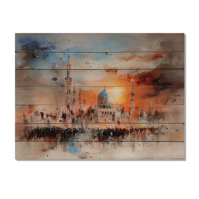 Prayer Time pendant II - l'Islam, impression sur bois bleu sur bois de pin naturel, H 34 po x l 44 po