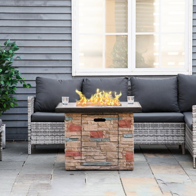 32" Outdoor Propane Gas Fire Pit Table, 50,000 Auto-Ignition, Faux Ledge Stone Pattern, Lava Rocks, Rain Cover, , Earthy Brown 32 Inch Square Enrapture,