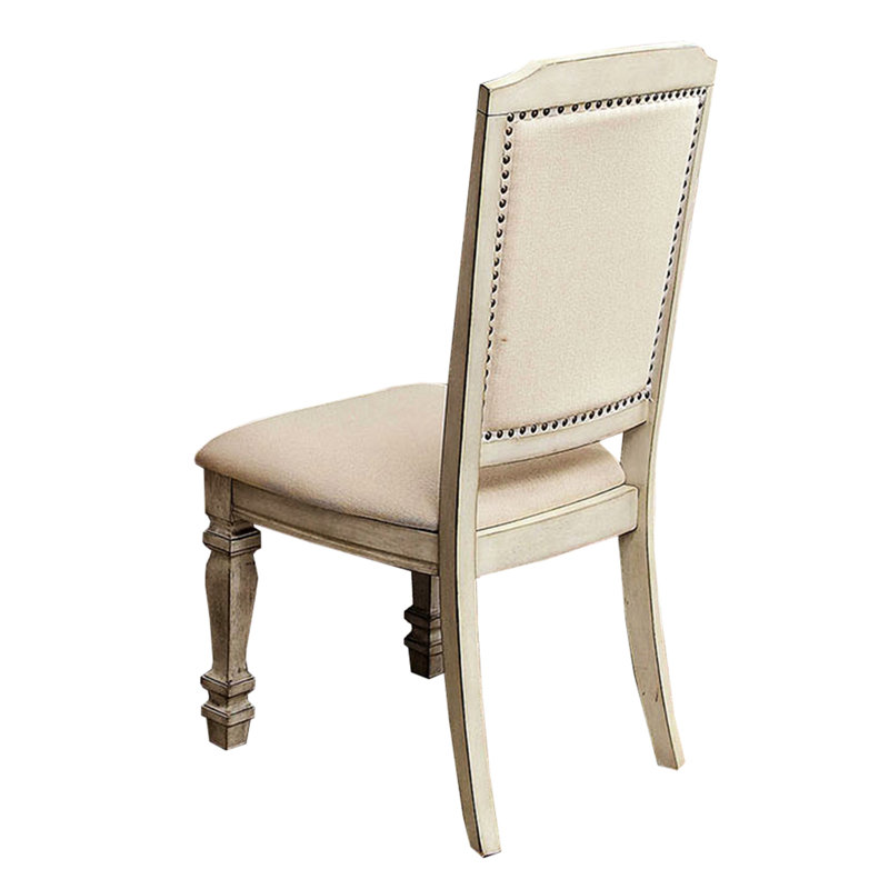 2 chaises de salle à manger, blanc antique et tissu rembourré, garniture cloutée décorative pour pièce, rembourrées, structure