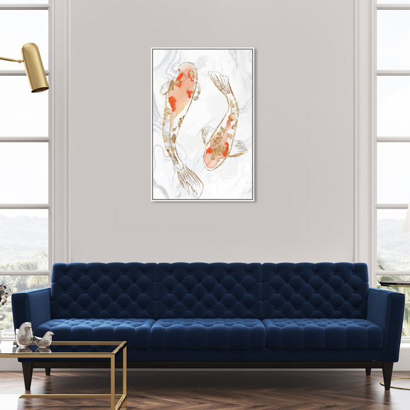« two koi fish marble », impression sur toile, Cadre blanc, H 24 po x l 36 po