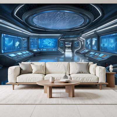 sci-fi Peel and Stick Wallpaper 3D Sci Fi Space Space Station Control Room Holographic Displays Wall Murals 69"H x 96"W Removable PVC Wall Paper Self-Adhesive Wall Decor for Bedroom Living Room Home Office
