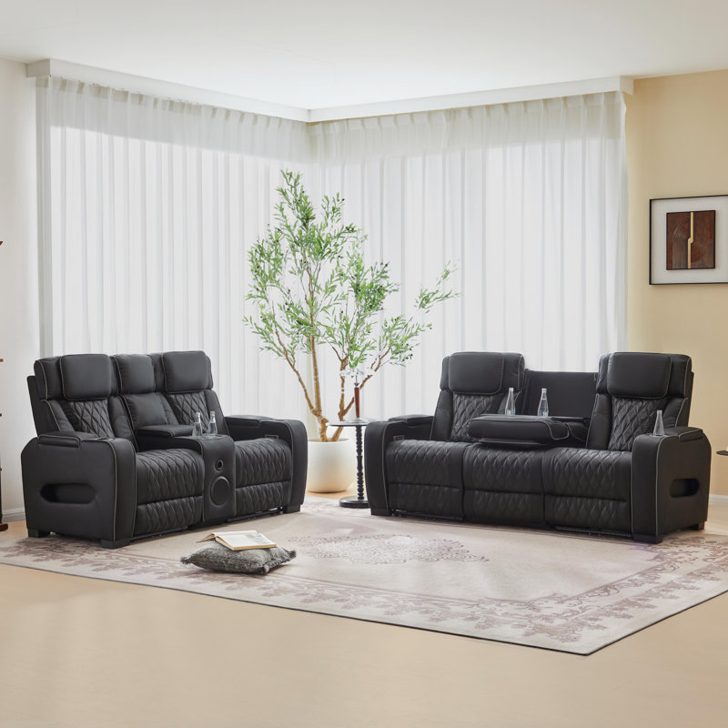 Ensemble de canapés inclinables 2 pièces, canapé inclinable 3 places et causeuse avec lumières DEL, porte-gobelets, console de rangement et surpiqûres en losange, ensemble de meubles de salon en similicuir