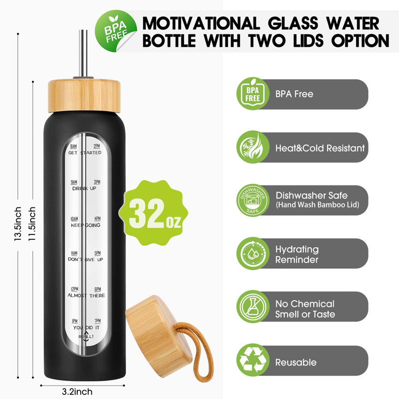 32 oz. LoochMee Bouteille d'eau en verre, Noir