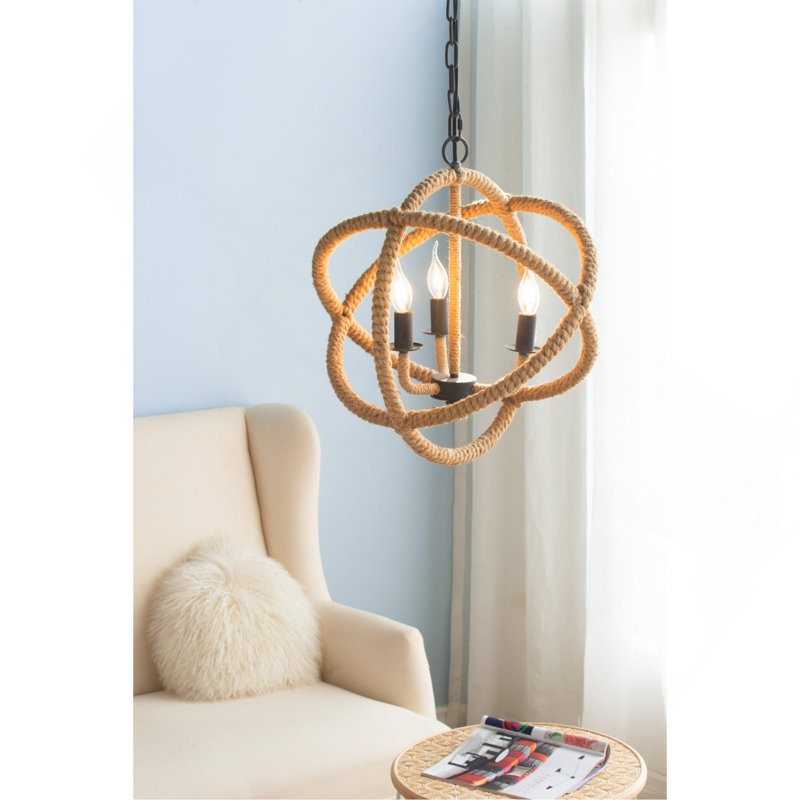 3- Light Farmhouse Chandelier, Rope Chandelier Globe Hanging Light Fixture With With Adjustable Chain For Kitchen Dining Room Foyer Entryway, Bulb Not Included