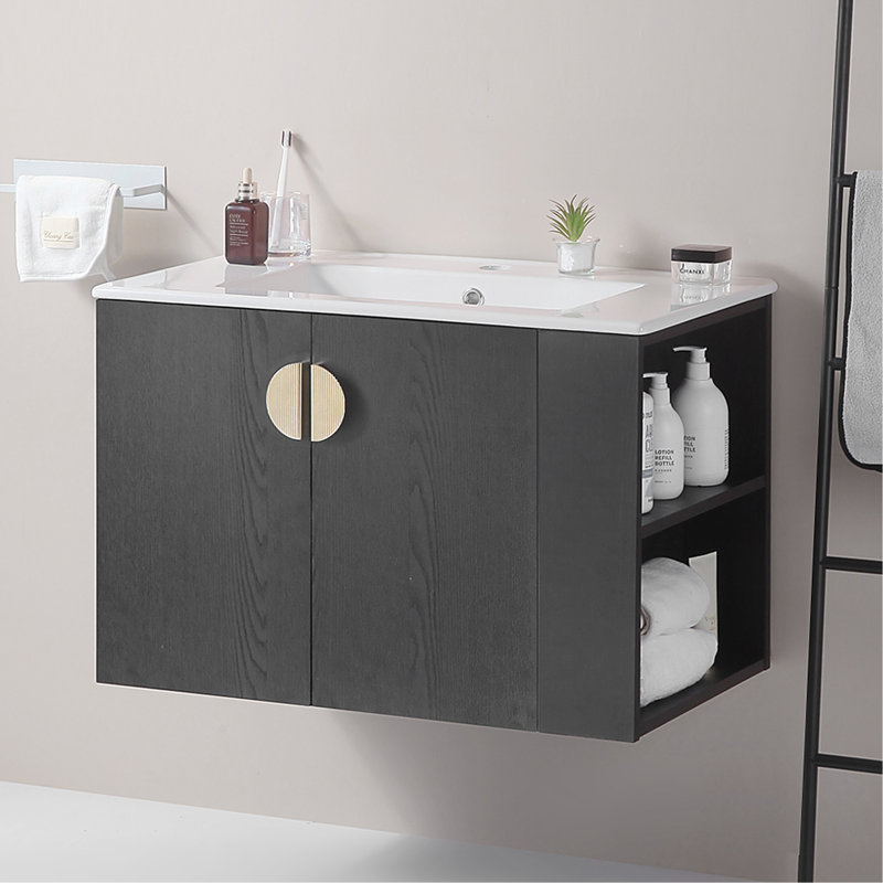 Ensemble de meuble-lavabo avec lavabo, avec deux portes et ensemble de meuble-lavabo avec tablette de rangement ouverte à droite, bois massif, à l'exception des robinets