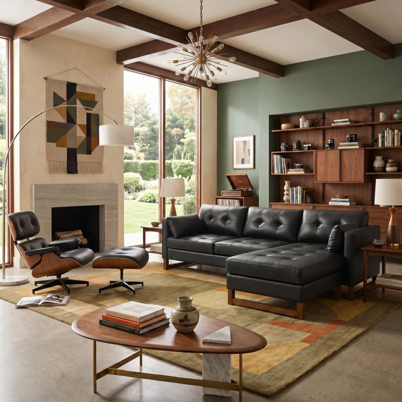 Amando 101"W Mid-Century L-Shape Genuine Leather Reversible Modular Sectional Sofa, Black Genuine Leather