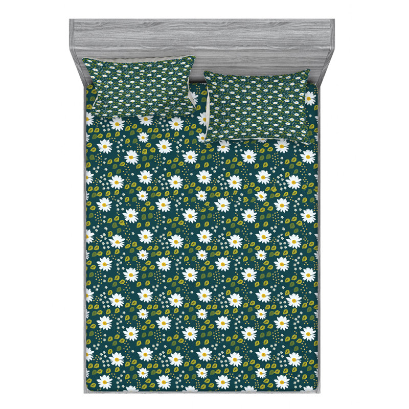 Microfiber Floral Sheet Set, Queen Sheet Set with Fitted Sheet, Daisy Floral