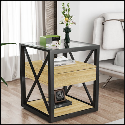 Ensemble de 2 tables de bout modernes avec tiroir - Table de chevet pour chambre à coucher et salon, panneau de fibres à densité moyenne en bois naturel et plateau en verre trempé, style industriel