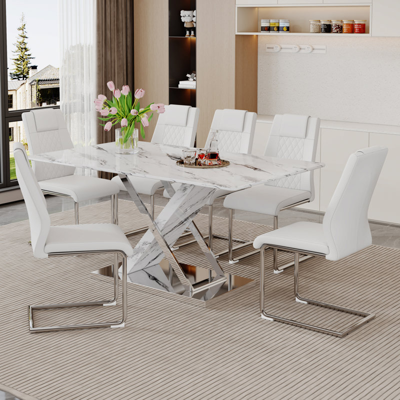Lenorris 63'' L Imitation Marble Cross Leg Frame Silver Metal Base Dining Table Set, Black