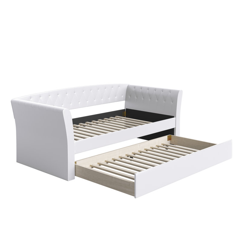 Upholstered Faux Leather Daybed with Trundle Bed, White