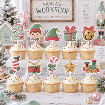 Custom Age Little Christmas Elf Cupcake Toppers, Holiday Birthday Cardstock Picks (Age: 7)